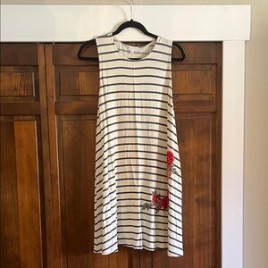 Socialite Cream and Navy Striped Sleeveless Dress with Red Floral Appliqué